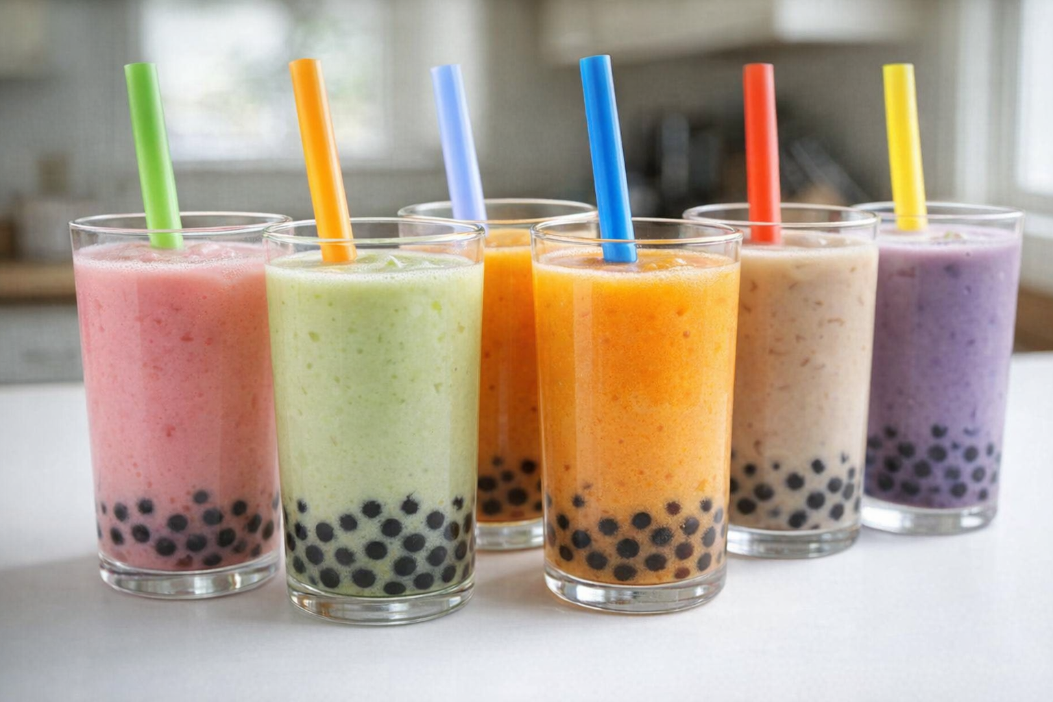 A brightly lit studio shot of a variety of colorful bubble teas in clear glasses with wide straws, tapioca pearls visible at the bottom, arranged on a clean white surface